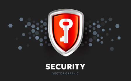 Vector illustration of red color security shield with key on black background. 3d style template design of metallic shine shield and key with word security for web, site, banner, posterのイラスト素材
