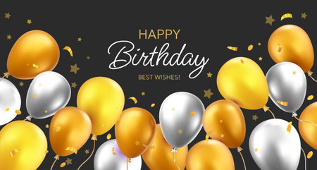 Vector holiday template design of flying balloon with star and text on black background. 3d realistic happy birthday illustration with golden and silver air helium balloon for greeting card, party poster, banner, printのイラスト素材