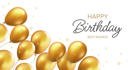 Vector happy birthday illustration with shine golden air helium balloon with text on white background. 3d realistic holiday template design of flying balloon with star for greeting card, party poster, banner, printのイラスト素材