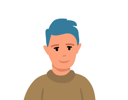 Vector illustration of male portrait on white color background. Flat style design of avatar of man white skin with blue hair in sweater for web, site, social mediaのイラスト素材
