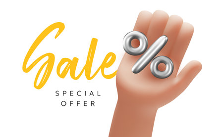 Vector illustration of hand gesture hold percent sign on white color background with word sale. 3d style template design of man white skin hand and sale percent for web, banner, poster, printのイラスト素材