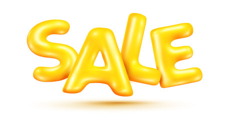 Vector illustration of cartoon golden color word sale with shadow. 3d style design of shine letter sale on white color background for web, site, banner, posterのイラスト素材