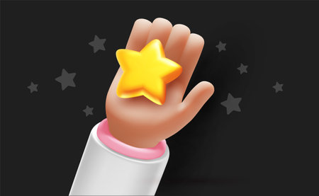 Vector illustration of gesture hand in sleeve hold shine golden star on black color background. 3d style design of man white skin hand and star for web, banner, poster, printのイラスト素材