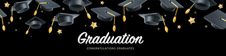 Vector illustration of graduate cap and star on black background. Caps thrown up pattern. 3d style design of congratulation graduates 2024 class with graduation hat and congratulations word for web banner
