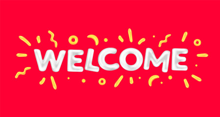 Vector greeting illustration of cartoon white color word welcome with confetti. 3d style design of shine letter welcome on red color background for web, site, banner, cardのイラスト素材