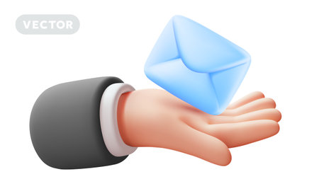 Vector illustration of gesture hand in sleeve hold paper envelope on white color background. 3d style design of man white skin hand and letter on palm for web, banner, poster, printのイラスト素材