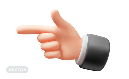 Vector illustration of finger point gesture male hand in sleeve on white color background. 3d style design of man white skin hand point gesture for web, banner, poster, printのイラスト素材