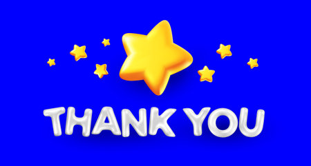 Vector gratitude illustration of cartoon golden color star and word thank you with shadow. 3d style design of shine letter thank you on blue color background for web, site, banner, cardのイラスト素材