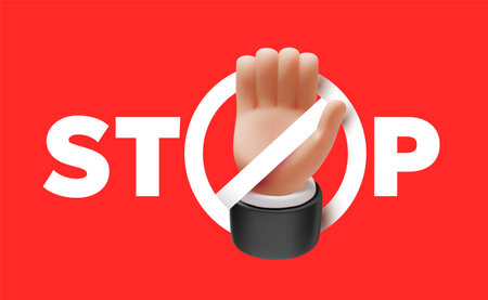 Vector prohibition illustration of hand raised up gesture and word stop on red color background. 3d style design of man white skin hand and prohibition sign crossed out circle for web, banner, poster, printのイラスト素材
