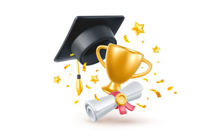 Vector illustration of graduate cap and diploma paper scroll with wax seal on white background with winner cup. 3d style design of congratulation graduates 2024 class with graduation hat and star for web, site, banner, cardのイラスト素材