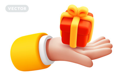 Vector illustration of gesture hand in sleeve hold red gift box on white color background. 3d style design of man white skin hand give present for web, sale banner, poster, printのイラスト素材