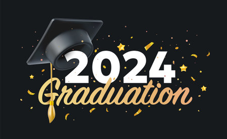 Vector illustration of graduate cap and word graduation on black background with number 2024. 3d style design of congratulation graduates 2024 class with graduation hat and congratulations word for web, site, banner, cardのイラスト素材
