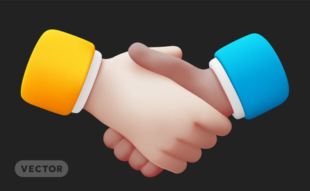 Vector diversity illustration of gesture business man handshake in sleeve on black color background. 3d style design of man hand shake agreement for web, banner, poster, printのイラスト素材