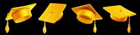 Vector illustration of set of golden graduate cap with golden tassel on black background. 3d style design of collection of graduation hat in different angle for web, site, banner, poster, cardのイラスト素材