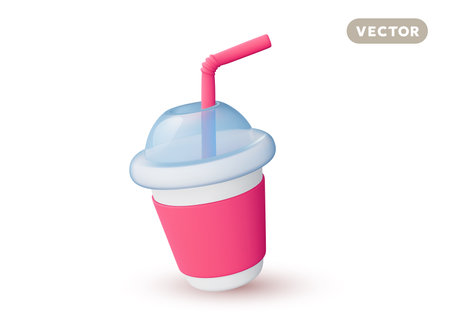 Vector illustration of realistic cardboard drink cup with plastic cover and tube on white color background. 3d style design of takeaway fastfood beverage with shadow for web, site, banner, menu, greeting cardのイラスト素材