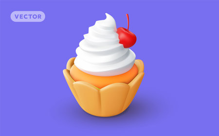 Vector illustration of realistic cupcake with cream and cherry on color background. 3d style design of cake with whipped cream and berry. Sweet food for web, site, banner, menu, greeting cardのイラスト素材