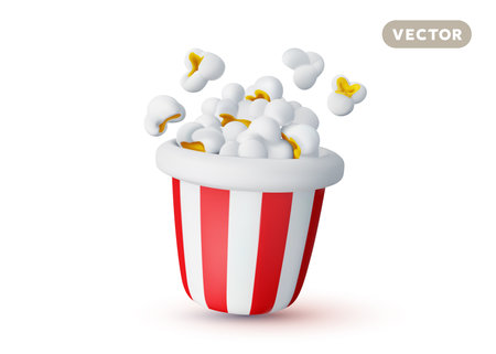Vector illustration of realistic full striped red bucket of pop corn on white color background. 3d style design of popcorn bucket with shadow. Sweet cinema food for web, site, banner, menu, greeting cardのイラスト素材