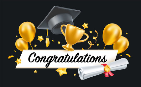Vector illustration of graduate cap and diploma on black background with air balloon. 3d style...