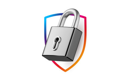Vector illustration of silver color padlock and security shield on white background. 3d style design of metallic shine padlock and line shield for web, site, banner, posterのイラスト素材