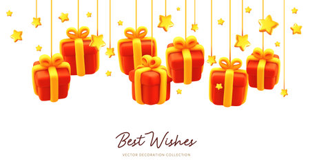 Vector illustration of realistic red color gift box with golden ribbon and star hanging by thread. 3d style holiday template pattern design of present box and text on white background. Festive gift surprise for web, site, sale banner, greeting cardのイラスト素材