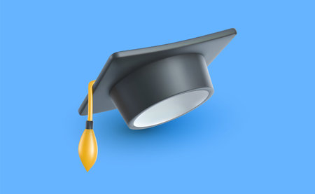 Vector illustration of black graduate cap with golden tassel on blue background with shadow. 3d style design of congratulation graduates 2024 class with graduation hat for web, site, banner, poster, cardのイラスト素材