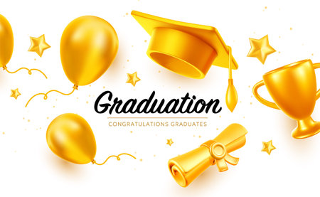 Vector illustration of golden shine graduate cap and diploma on white background. 3d style design of congratulation graduates 2024 class with graduation hat and winner cup. Graduation word with air balloon for web banner, poster, cardのイラスト素材