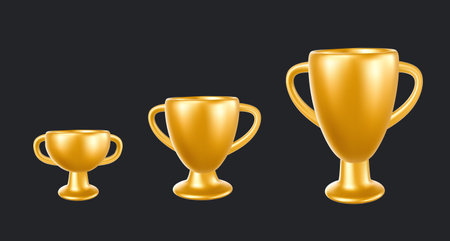 Vector set of illustration of  shine golden color winner cup of different size on black background. 3d style design of champion cup. First place award for web, site, banner, poster, cardのイラスト素材