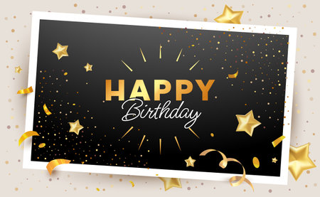 Vector happy birthday illustration with golden star and confetti on black background. 3d realistic holiday template design with text happy birthday for greeting card, party poster, banner, printのイラスト素材