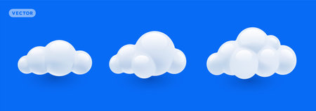 Vector set of weather illustration of shine fluffy white color cloud on blue sky background with shadow. 3d cartoon style design of different cute cloud for web, site, banner, posterのイラスト素材
