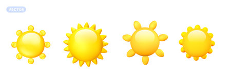 Vector set weather day illustration of shine yellow color sun with different sunbeam on white background. 3d cartoon style design of sun with beam for web, site, banner, posterのイラスト素材