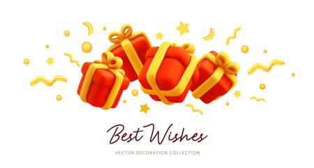 3d style holiday template design of pile of present box on white color background. Vector illustration of realistic red gift box with golden ribbon and text best wishes. Festive gift surprise for web, site, sale banner, birthday greeting cardのイラスト素材
