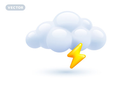 Vector weather storm day illustration of shine yellow color lightning with fluffy cloud on white background with shadow. 3d cartoon style design of thunderstorm cloud with lightning for web, site, banner, posterのイラスト素材