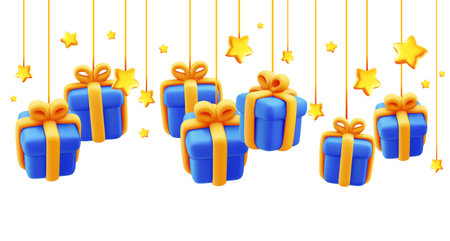 3d style holiday template design of blue color present box on white background. Vector illustration of cartoon gift box with golden ribbon and star hanging by thread. Festive gift surprise for web, site, sale banner, greeting cardのイラスト素材