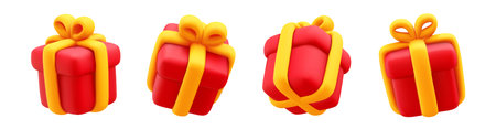 Vector set of illustration of realistic red color gift box with yellow ribbon isolated on white background. 3d style holiday design of different angle of present box. Festive gift surprise for web, site, banner, cardのイラスト素材