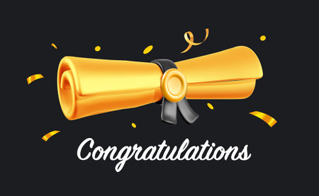 Vector illustration of golden graduate diploma paper scroll with wax seal and ribbon on black background with word congratulations. 3d style design of paper document scroll for web, site, banner, cardのイラスト素材