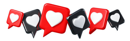 3d romantic illustration of red and black speech bubble with heart on white background. 3d style...