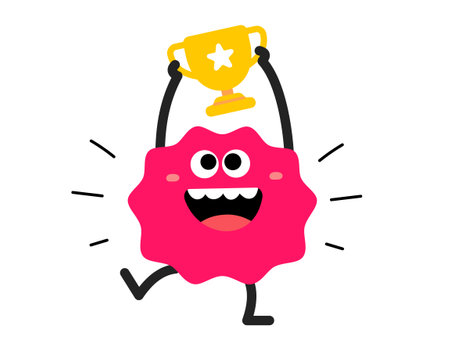 Vector cartoon illustration of cute abstract shape happy character with winner cup in hand on white color background. Flat style child doodle design of smile geometric monster. Kid character champion for web, site, banner, poster, cardのイラスト素材