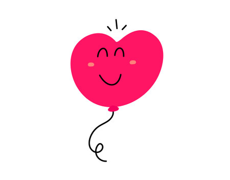 Vector cartoon illustration of cute red heart shape happy character on white color background. Flat style child doodle design of smile air balloon monster in love for web, site, banner, poster, cardのイラスト素材