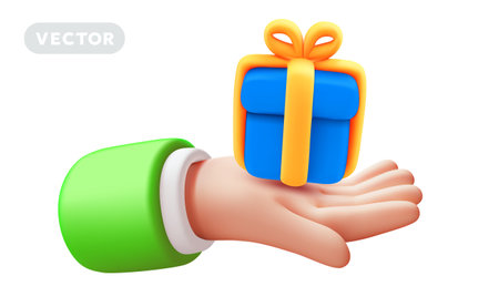 Vector illustration of gesture hand in sleeve hold blue color gift box with yellow ribbon on white color background. 3d style design of man white skin hand give present for web, sale banner, poster, printのイラスト素材