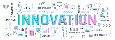 Vector creative illustration of innovation word typography with line icon, word cloud on white color background. Innovation business infographic colorful concept. Line art style design for digital banner, poster, printのイラスト素材