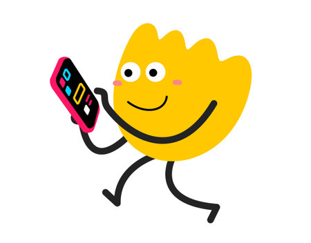Vector cartoon illustration of cute abstract shape happy character with smart phone in hand on white color background. Flat style child doodle design of smile geometric monster and gadget. Kid character with phone for web, site, banner, poster, cardのイラスト素材