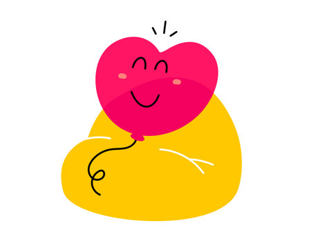 Vector cartoon illustration of cute red heart shape happy character sit on chair on white color background. Flat style child doodle design of relax smile air balloon monster for web, site, banner, poster, cardのイラスト素材