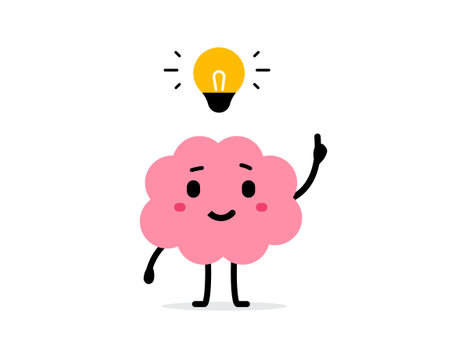 Vector cartoon illustration of cute happy brain character with yellow light bulb on white color background. Flat doodle style design of smile brain think creative idea for web, site, banner, poster, cardのイラスト素材