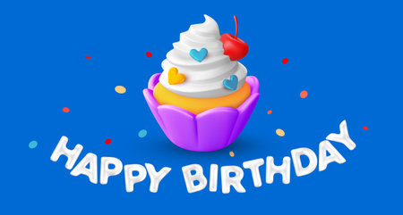 Vector holiday illustration of realistic cupcake with cream and cherry on blue background with text happy birthday. 3d cartoon style design of cake with whipped cream and heart. Sweet food with text for web, site, banner, greeting cardのイラスト素材