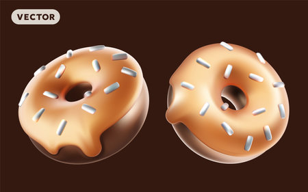 Vector illustration of realistic set of chocolate glazed donut with sprinkles on brown color background. 3d style design of different angle shine donut with glazed. Sweet food for web, site, banner, menu, cardのイラスト素材