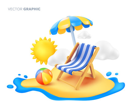 Vector summer illustration of deck chair with beach umbrella and ball on sunny island on sea background. 3d style cartoon design of summer holidays. Time to vacation travel with sun for web, site, banner, menu, cardのイラスト素材
