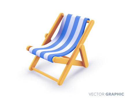 Vector summer illustration of striped beach chair with shadow on white background. 3d style cartoon design of summer wooden folding deck chair for pool for web, site, banner, menu, cardのイラスト素材