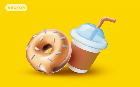 Vector illustration of realistic set of chocolate glazed donut with sprinkles and drink on yellow color background. 3d style design of donut and coffee take away with shadow. Sweet food for web, site, banner, menu, cardのイラスト素材
