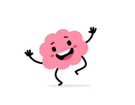 Vector cartoon illustration of cute happy brain character with open mouth and wave hand on white color background. Flat doodle style design of smile brain walk for web, site, banner, poster, cardのイラスト素材