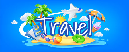 Vector summer illustration of word travel with palm tree on sea beach island background with air plane and umbrella. 3d style cartoon design of summer holidays. Time to vacation travel with sun and ice cream for web, site, banner, menu, cardのイラスト素材
